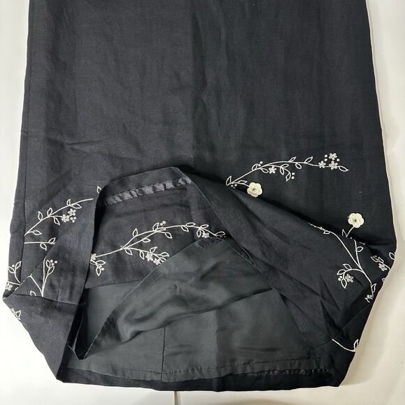 Vintage Kenar Maxi Dress Sz 10 Linen Blend Black Floral Embroidered Hem Fall - Picture 7 of 16